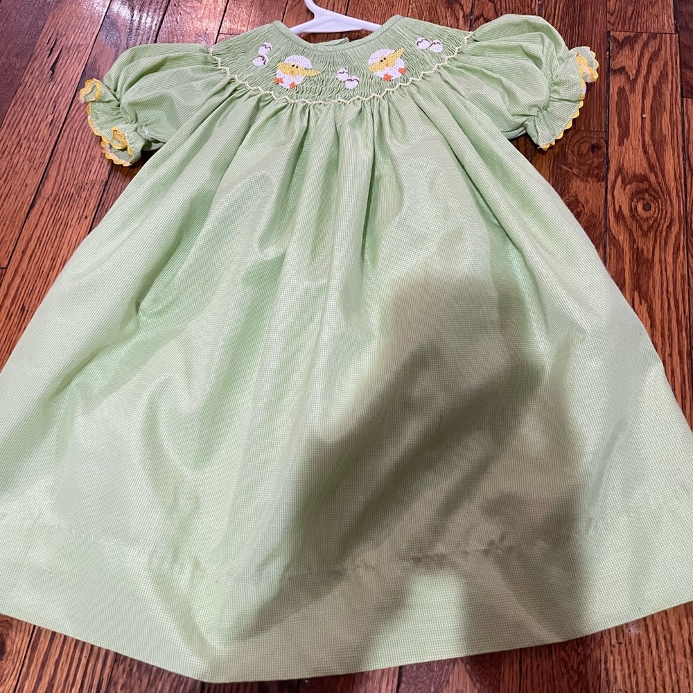 Green Hand Smocked Easter Chicks Dress
